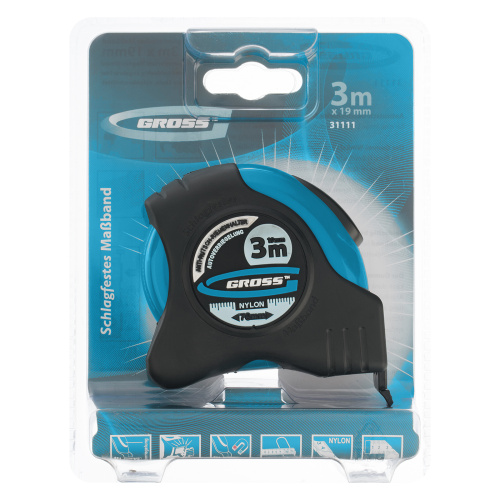 Рулетка "Schlagfest",3 м x 19 мм,магнитный обрезиненный зацеп,двусторонняя шкала,Нейлоновое покрытие,автоматическая фиксация Gross по ценам производителя в Воронеже с доставкой по всей России