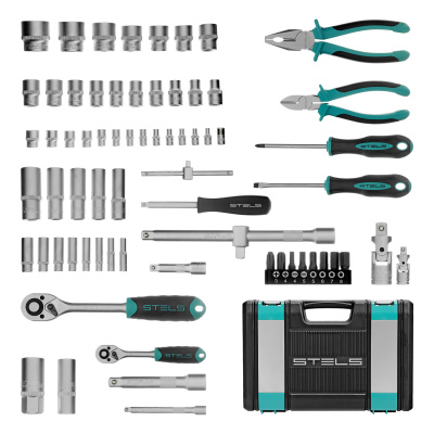 Набор инструментов, 1/2", 1/4", CrV, пластиковый кейс 69 предметов Stels по ценам производителя в Воронеже с доставкой по всей России