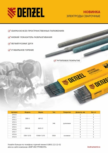 Электроды DER-46, диам. 3 мм, 5 кг, рутиловое покрытие Denzel по ценам производителя в Воронеже с доставкой по всей России