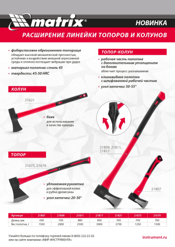 Топор-колун с клиновидным полотном 2000 г, фибергласовое обрезиненное топорище 700 мм Matrix по ценам производителя в Воронеже с доставкой по всей России