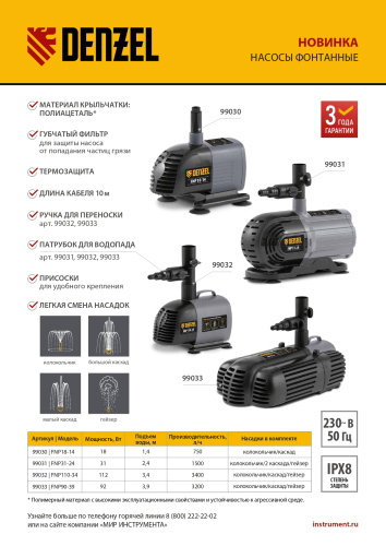 Насос фонтанный FNP90-39, 92 Вт, подъем 3,9 м, 3200 л/ч, колокольчик/каскад/гейзер Denzel по ценам производителя в Воронеже с доставкой по всей России