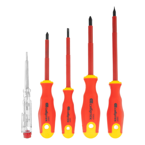 Набор отверток диэлектрических до 1000 В, 5 шт, тестер, CrV, двухкомпонентные рукоятки Сибртех по ценам производителя в Воронеже с доставкой по всей России
