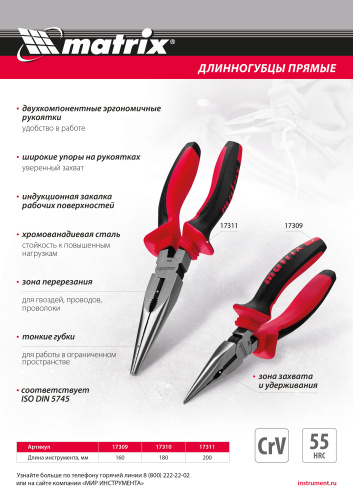 Длинногубцы прямые, 160 мм, хром-ванадий, двухкомпонентные рукоятки Matrix по ценам производителя в Воронеже с доставкой по всей России
