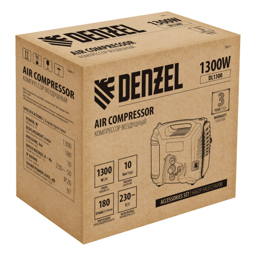 Компрессор воздушный DL1300, 10 бар, 1,3 кВт 180 л/мин 5 л, с набором аксессуаров Denzel по ценам производителя в Воронеже с доставкой по всей России