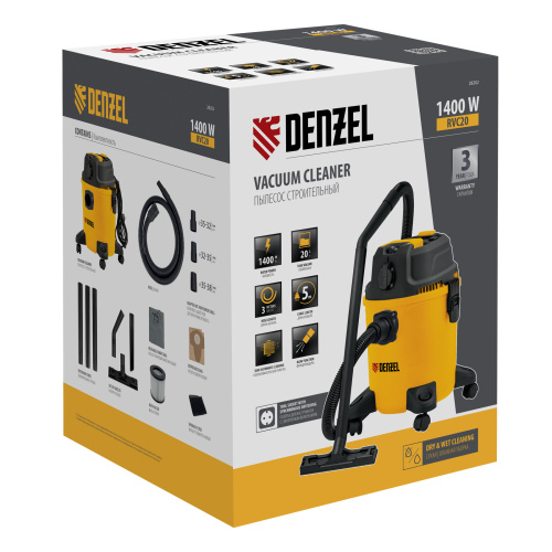Пылесос строительный RVC20, 1400 Вт, бак 20 л, шланг 3 м, розетка с автосинхр. Denzel по ценам производителя в Воронеже с доставкой по всей России