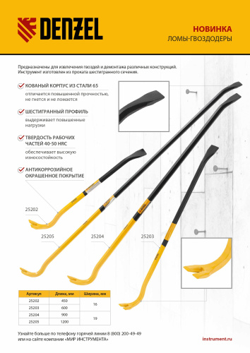 Лом-гвоздодер, 900 мм, шестигранный 19 мм, окрашенный, сталь 65 Denzel по ценам производителя в Воронеже с доставкой по всей России