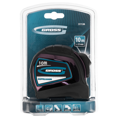 Рулетка "Doppelhaken",10 м x 25 мм,двухсторонний зацеп,Нейлон,двусторонняя шкала,автоматическая фиксация Gross по ценам производителя в Воронеже с доставкой по всей России