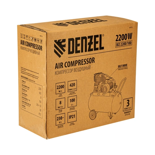 Компрессор воздушный рем. привод BCI 2200/100, 2,2 кВт, 100 литров, 420 л/мин Denzel по ценам производителя в Воронеже с доставкой по всей России