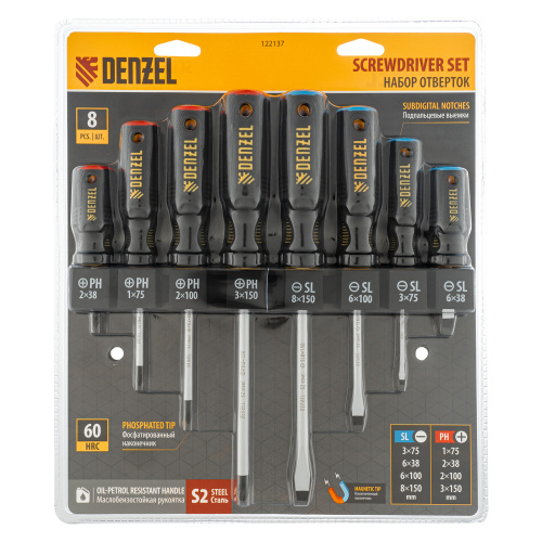 Набор отверток на полке, 8 шт., PH+SL, S2, 3к рукоятка Denzel по ценам производителя в Воронеже с доставкой по всей России