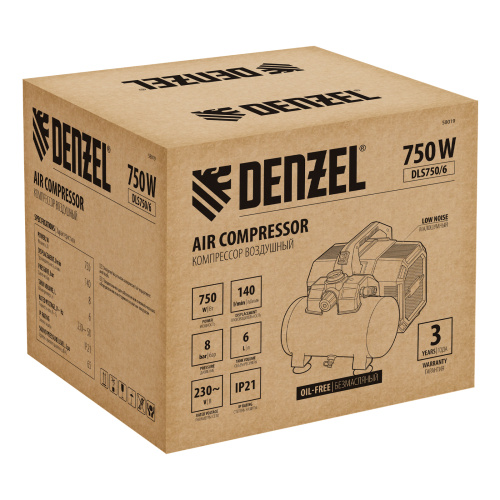 Компрессор  DLS750/6 безмасляный малошумный 750 Вт, 140 л/мин,ресивер 6 л Denzel по ценам производителя в Воронеже с доставкой по всей России