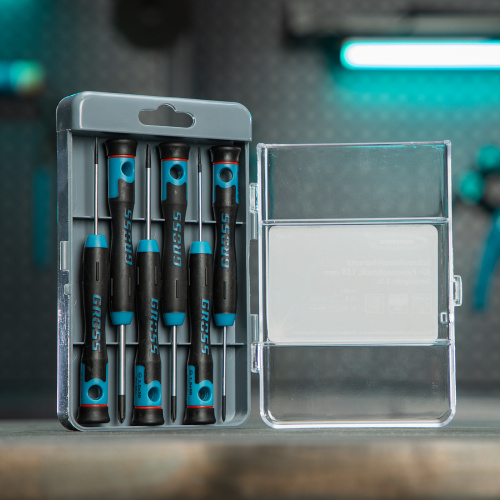 Набор отверток для точной механики, CrMo, двухкомпонентные рукоятки, 6 шт, пластиковый бокс Gross по ценам производителя в Воронеже с доставкой по всей России