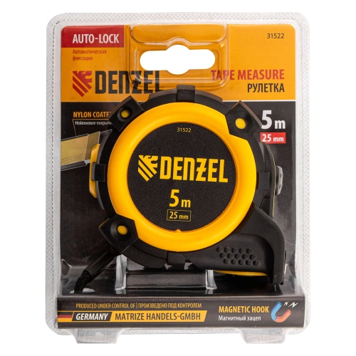 Рулетка 5м х 25мм, автоматич. фиксац., нейлон. покрытие, магнит. зацеп, двухстор. разметка Denzel по ценам производителя в Воронеже с доставкой по всей России