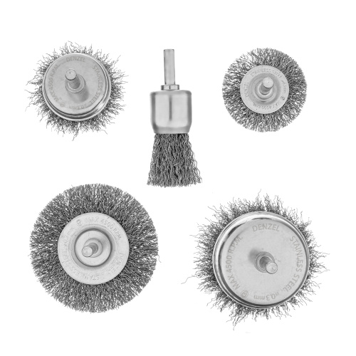 Набор щеток для дрели, 2 Плоские 50-75мм, 3 Чашки 25-50-75мм, шпилька,  нерж.вит. проволока Denzel по ценам производителя в Воронеже с доставкой по всей России