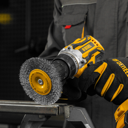 Щетка для дрели 100 мм, Плоская, со шпилькой, нержавеющая витая проволока Denzel по ценам производителя в Воронеже с доставкой по всей России