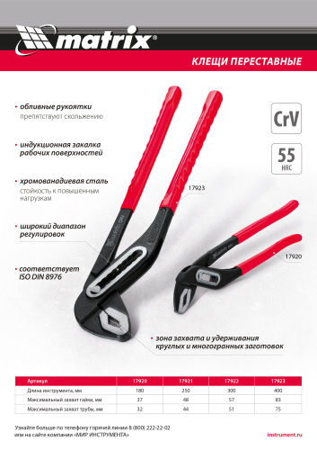 Клещи переставные 250 мм, хром-ванадий, обливные рукоятки Matrix по ценам производителя в Воронеже с доставкой по всей России
