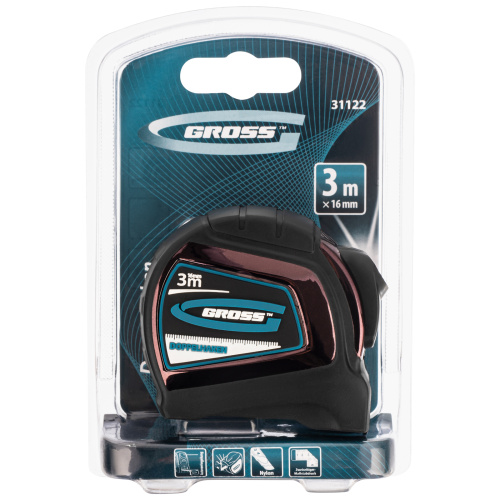 Рулетка "Doppelhaken",3 м x 16 мм,односторонний зацеп,Нейлон,двусторонняя шкала,автоматическая фиксация Gross по ценам производителя в Воронеже с доставкой по всей России