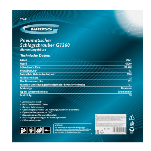 Гайковерт пневматический ударный G1260,1/2, Twin Hammer, 813Нм, 7000 об/мин Gross по ценам производителя в Воронеже с доставкой по всей России