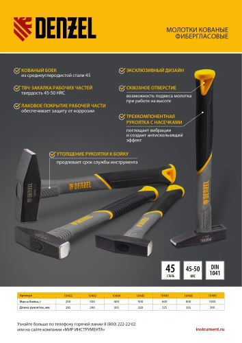 Молоток слесарный, 200 г, кованый, фибергласовая рукоятка c TPR покрытием Denzel по ценам производителя в Воронеже с доставкой по всей России