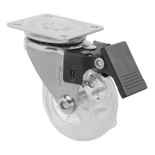 Колесо ПУ прозрачное поворотное с тормозом d-50 мм, крепление платформенное Сибртех по ценам производителя в Воронеже с доставкой по всей России