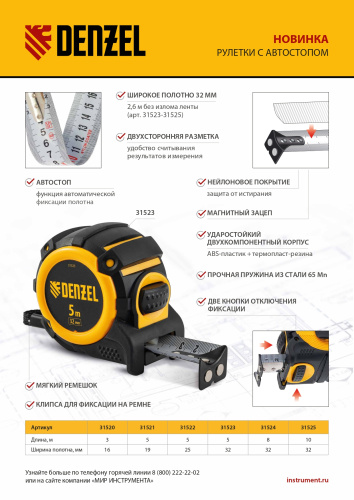 Рулетка 3м х 16мм, автоматич. фиксац., нейлон. покрытие, магнит. зацеп, двухстор. разметка Denzel по ценам производителя в Воронеже с доставкой по всей России