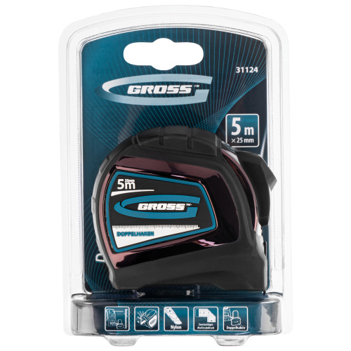 Рулетка "Doppelhaken",5 м x 25 мм,двухсторонний зацеп,Нейлон,двусторонняя шкала,автоматическая фиксация Gross по ценам производителя в Воронеже с доставкой по всей России