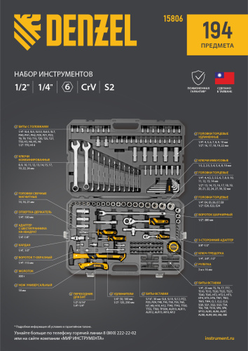 Набор инструментов, 1/2", 1/4", CrV, S2, пластиковый кейс, 194 предмета Denzel по ценам производителя в Воронеже с доставкой по всей России