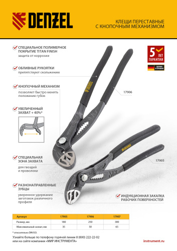 Клещи переставные, кнопочный механизм, обливные рукоятки, 300 мм Denzel по ценам производителя в Воронеже с доставкой по всей России