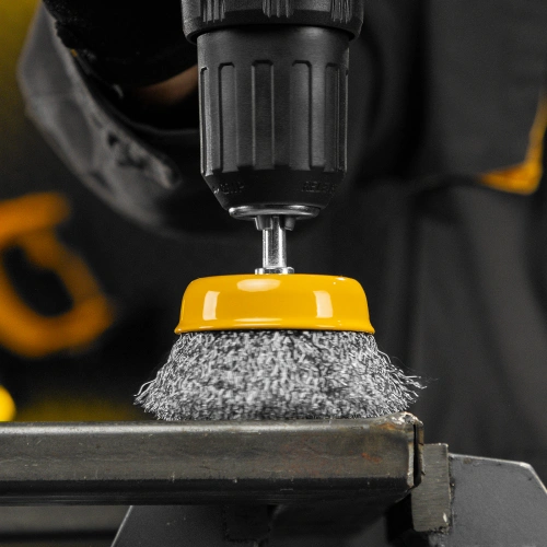 Щетка для дрели, 75 мм, Чашка, со шпилькой, нержавеющая витая проволока Denzel по ценам производителя в Воронеже с доставкой по всей России