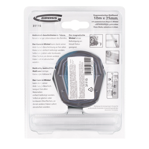 Рулетка "Schlagfest",10 м x 25 мм,магнитный обрезиненный зацеп,двусторонняя шкала,автоматическая фиксация Gross по ценам производителя в Воронеже с доставкой по всей России