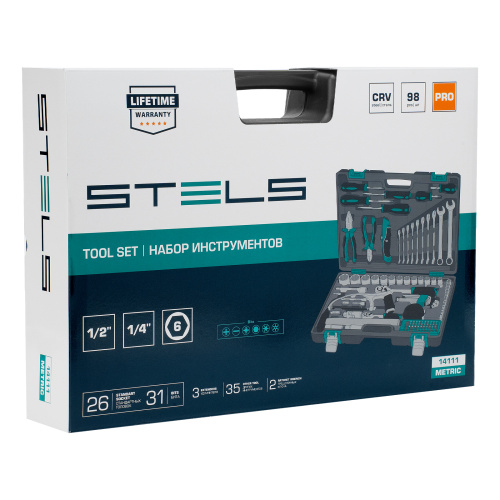Набор инструментов, 1/2", 1/4", CrV, пластиковый кейс 98 предметов Stels по ценам производителя в Воронеже с доставкой по всей России