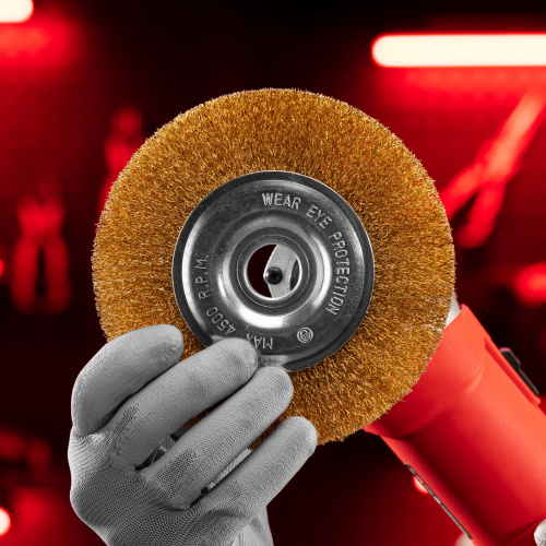 Щетка для УШМ, 150 мм, посадка 22.2 мм, плоская, латунированная витая проволока Matrix по ценам производителя в Воронеже с доставкой по всей России