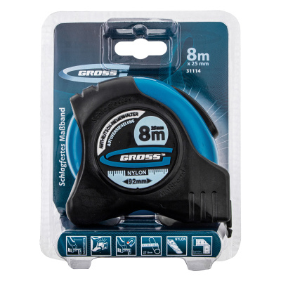 Рулетка "Schlagfest",8 м x 25 мм,магнитный обрезиненный зацеп,двусторонняя шкала,Нейлоновое покрытие,автоматическая фиксация Gross по ценам производителя в Воронеже с доставкой по всей России
