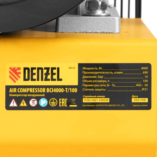 Компрессор воздушный, ременный привод BCI4000-T/100, 4.0 кВт, 100 литров, 690 л/мин Denzel по ценам производителя в Воронеже с доставкой по всей России