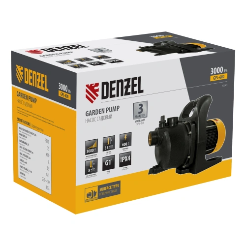 Садовый поверхностный насос GPL600, 600 Вт, 3000 л/ч, подъем 35 м, пластик Denzel по ценам производителя в Воронеже с доставкой по всей России