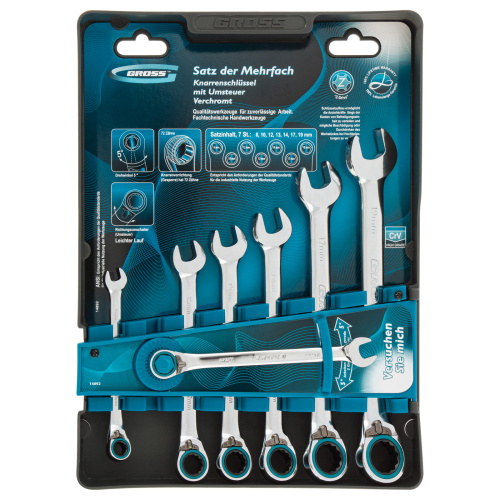 Набор ключей комбинированных с трещоткой, 8-19 мм, 7 шт, реверсивные, CrV Gross по ценам производителя в Воронеже с доставкой по всей России