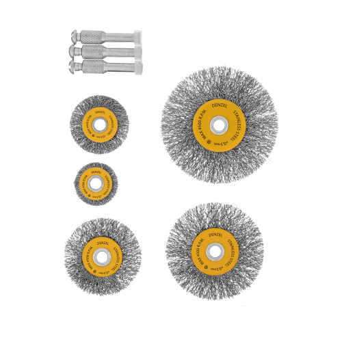 Набор щеток для дрели, 5 Плоских 25-38-50-63-75 мм, шпилька, нерж. вит. проволока Denzel по ценам производителя в Воронеже с доставкой по всей России